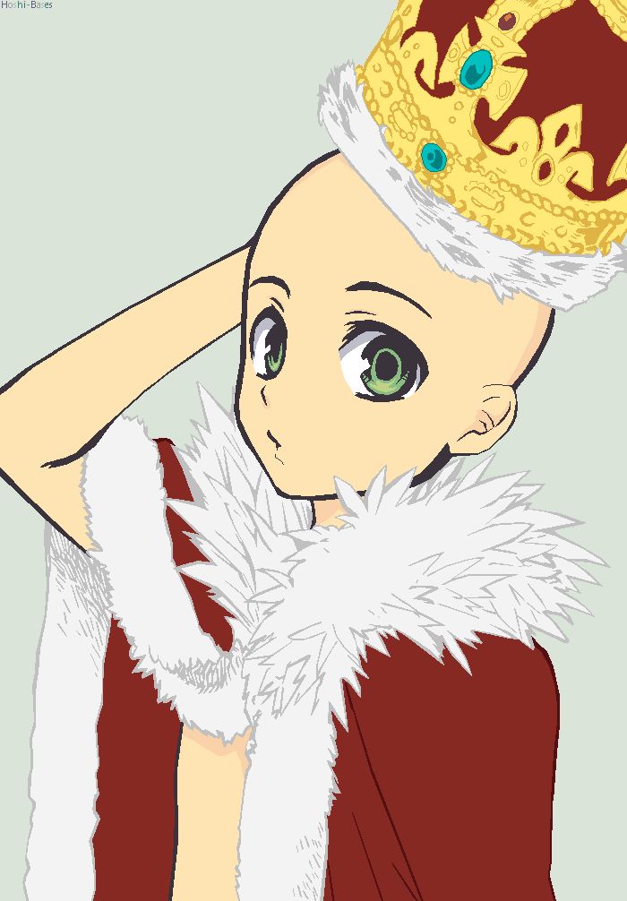 this is an anime character base with a crown, robe, and fur cape.  the character's face and hair are blank, ready for you to customize.  the base is in a light skin tone and has a red robe, white fur cape, and a gold crown. the character is holding up the crown. the image is against a light green background.