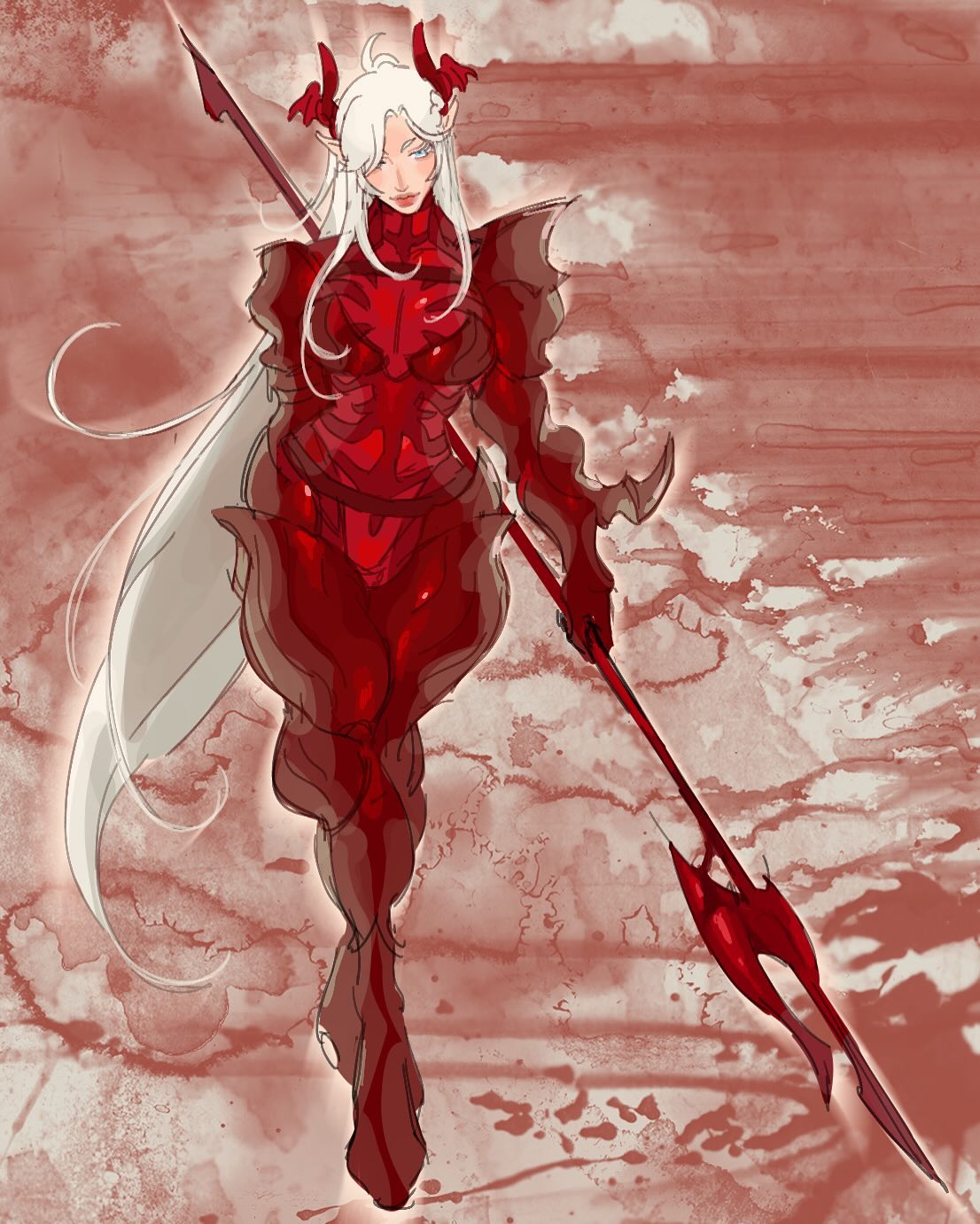 the image is a digital painting depicting a female elf warrior.  she is clad in ornate, crimsonred armor that seems almost organic in its design, clinging to her muscular form. the armor's details are intricate and suggest a powerful, almost demonic aesthetic.  she has long, flowing white hair, pointed ears, and small horns, further emphasizing her elven heritage. she wields a long, red spear, which complements her armor. the background is a textured wash of reds and creams, resembling watercolor or ink, giving the overall piece a painterly feel. the lighting is dramatic, highlighting the character and her armor. the elf's expression is serious and stoic, conveying strength and resolve. the overall style is a blend of fantasy art and a somewhat darker, more mature aesthetic.