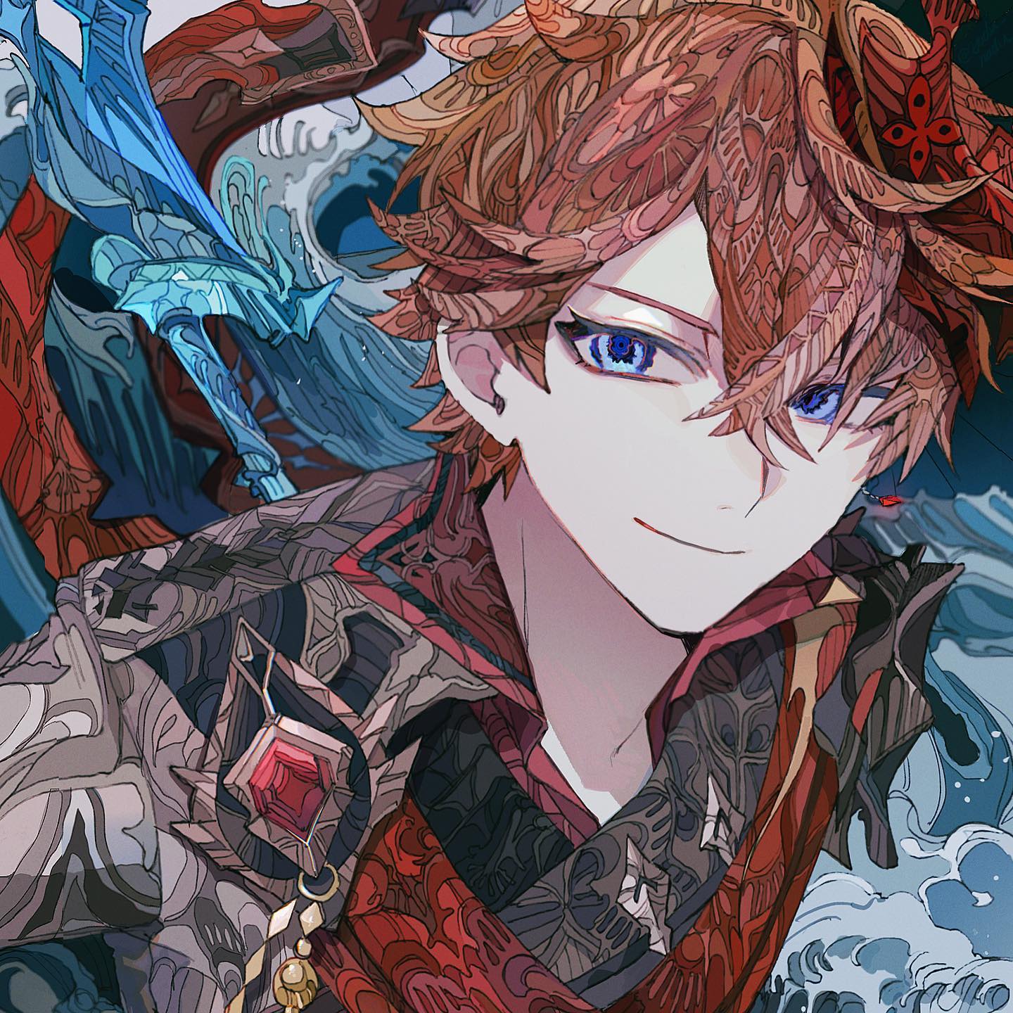 the image is a detailed closeup portrait of a stylized animestyle male character. he has spiky, reddishbrown hair intricately patterned with swirling designs and striking blue eyes. he's wearing an ornate, multilayered outfit predominantly in shades of red and grey,  featuring elaborate patterns and a jewellike accessory.  a  large, stylized wavelike element in blues and whites is partially visible in the background. the overall style is highly detailed and graphic,  with a focus on intricate linework and vibrant color palettes. the character has a somewhat confident and slightly smirking expression.