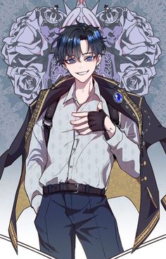 a digital illustration of a young man with blue hair and blue eyes, dressed in an elaborate outfit with a white shirt, dark pants, and a jacket featuring gold embellishments. the background is a floral pattern in shades of purple and gray. the lighting is dramatic, highlighting the character against the backdrop. the image exudes a stylish and confident aura, possibly referencing a character from a webtoon or manhwa.