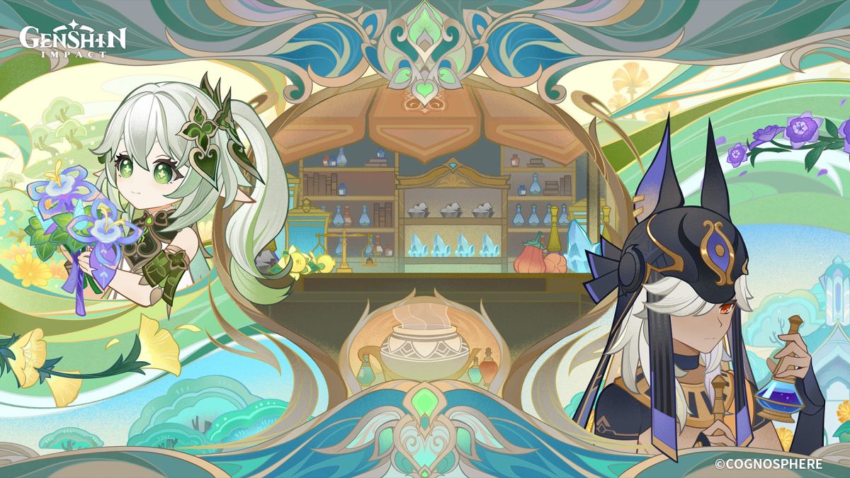 this image depicts a scene from the popular video game, genshin impact, where two characters are seen. the character on the left is a young girl with long, flowing green hair, and she is holding a bouquet of purple flowers. she is dressed in a green and white outfit, and her eyes are a bright green. behind her, there is a stylized background of green and blue colors, with flowers and plants. on the right side of the image, we see another character, a woman with long, flowing white hair and a black and purple outfit. she is wearing a headpiece that appears to be inspired by egyptian mythology. she is holding a potion in her left hand, and her expression is contemplative. behind her, we see a scene of a shop or store, with shelves lined with potions and other items. the entire scene is bathed in a warm light, and it creates a sense of fantasy and wonder.