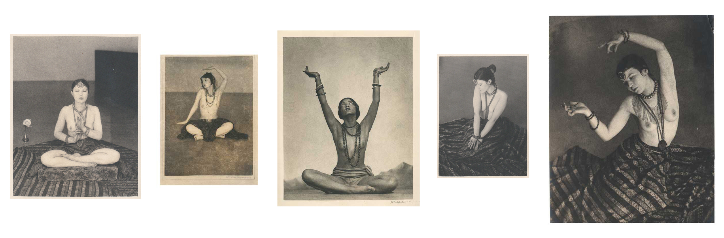 the image shows a collection of five vintage black and white photographs, possibly postcards, depicting a woman in various poses, suggestive of dance or yoga.  each photo is individually framed and showcases the model topless or neartopless, adorned with necklaces and other jewelry. the setting in each photo appears to be a studio. the poses range from seated meditative postures to dynamic, flowing movements. the style of the photographs hints at an art photography aesthetic possibly from the 1920s or 1930s. the overall feel evokes themes of spirituality, artistry, and possibly orientalism in its depiction of the model and attire.
