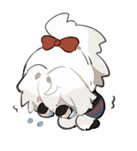 an anime character is crying, a small and cute cartoon figure with white hair and a red bow.