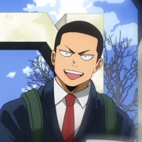 this is a closeup illustration of a male character. he has short black hair, tan skin, and a mischievous expression with a wide, toothy grin. his eyebrows are furrowed, and his eyes are narrowed, emphasizing his mischievousness. he's wearing a typical japanese school uniform, which includes a black blazer with a white shirt underneath, a red tie, and a green backpack slung over his shoulder. the background suggests an outdoor setting with a glimpse of a blue sky and trees without leaves, hinting that it might be autumn or winter.  the scene is welllit, likely daytime, conveying a cheerful yet teasing vibe.