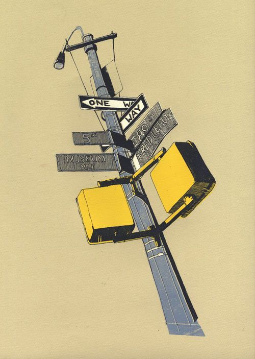 an illustration of a street pole with multiple street signs and traffic lights. the sign says "one way" and the other signs indicate the direction of different streets. the traffic lights are yellow. the background is beige.