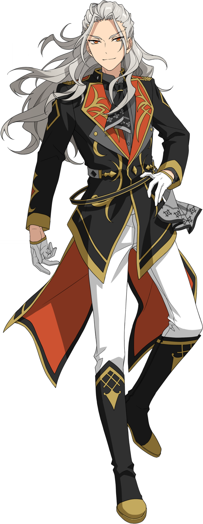 this image depicts an animestyle man with long white hair. he is wearing a black jacket with gold detailing and red lining, white pants, white gloves, and black boots with gold trim. he has a confident expression. the background is black.
