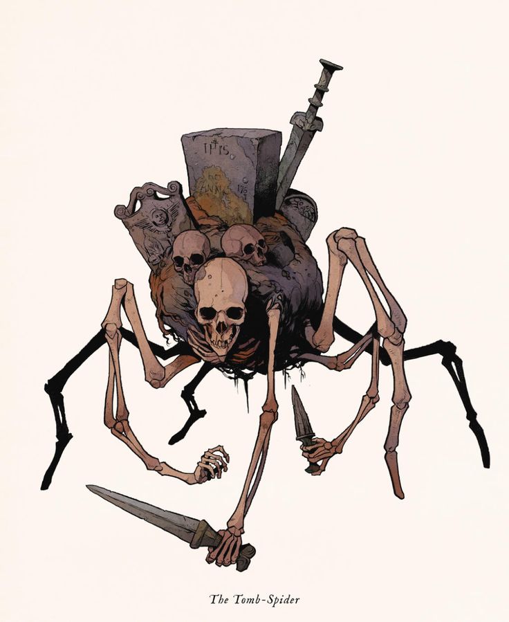 this image is a drawing of a tomb spider. it is a skeletal spider with a large, gnarled head and eight long, bony legs. the spider is carrying a tombstone and a sword on its back, and it is holding two daggers in its front claws. the spider is depicted in a menacing pose, with its jaws open and its eyes glowing red. the image is set against a white background, and it has a dark and ominous feel.
