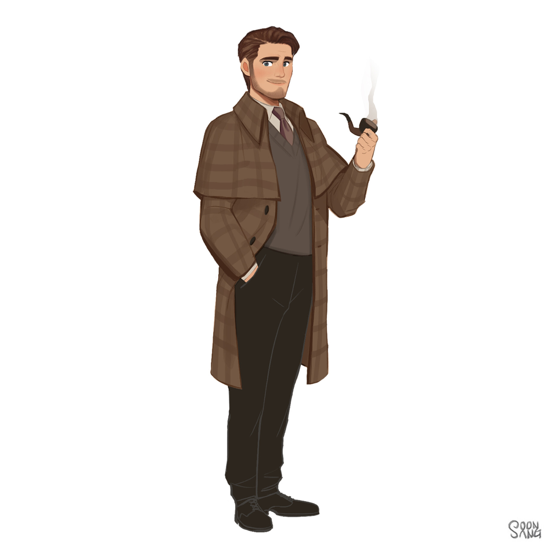 a cartoon drawing of a man in a brown plaid trench coat smoking a pipe. he has brown hair, a brown mustache, and is wearing a brown vest and tie. he has a contemplative expression.