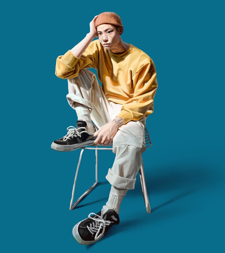 a young man with a stylish, contemporary look is captured in a studio setting. he's dressed in a casual yet fashionable ensemble, featuring a bright yellow sweatshirt, relaxedfit white pants, and black sneakers. he sits casually on a white metal stool, his posture relaxed but attentive. the blue backdrop enhances the focus on the subject and his attire, creating a vibrant and visually appealing image. the studio lighting casts soft shadows and highlights the textures of his clothing, adding depth to the composition.