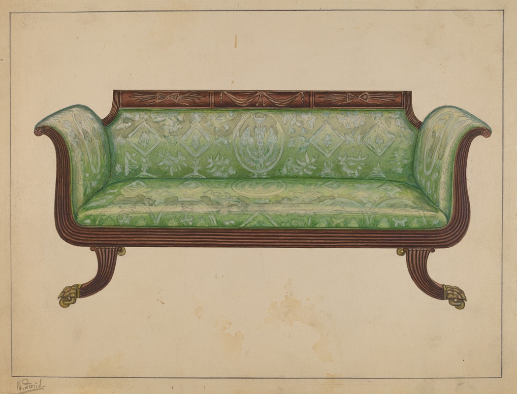 an illustration of a neoclassical sofa. the sofa has green upholstery with a pattern of diamonds, flowers, and a central oval design. the frame is made of brown wood with a fluted design along the base and a carved top rail with leaf and bow motifs. the sofa sits on claw feet.