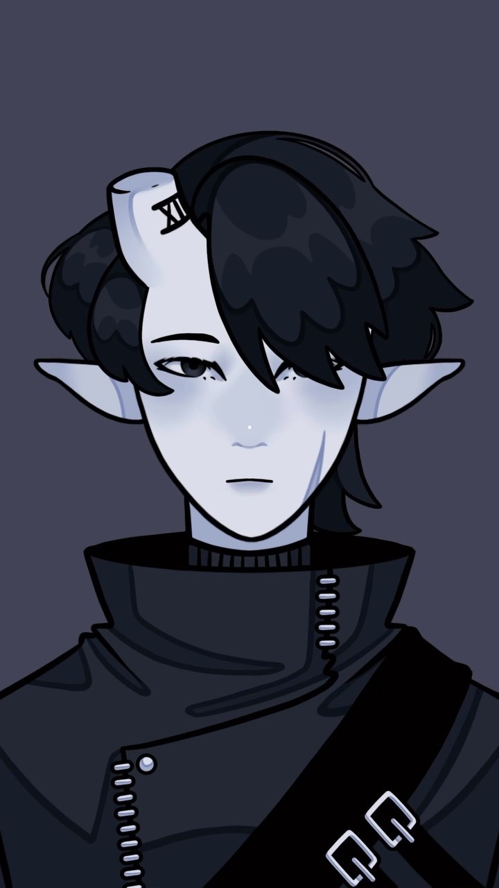 he image is a digital illustration of a stylized anime or mangalike character. the character appears to be an elf or demon hybrid, possessing pointed ears and a single horn on their forehead which has roman numerals "xi" engraved on it. they have grey skin, dark hair that partially obscures their eyes, and a serious expression. they are wearing a darkcolored jacket with zippers and a shoulder strap, giving a slightly edgy or gothic aesthetic. the style of the art is clean and welldefined, with bold lines and flat shading, typical of digital painting and vector graphics. the background is a simple, solid dark grey, drawing full attention to the character. the overall vibe of the artwork is dark, mysterious, and slightly melancholic.