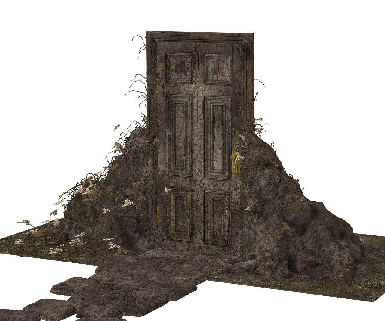 the image shows an old, weathered door surrounded by stone and overgrown with vines. a stone path leads up to the door, which appears to be a portal to another place.