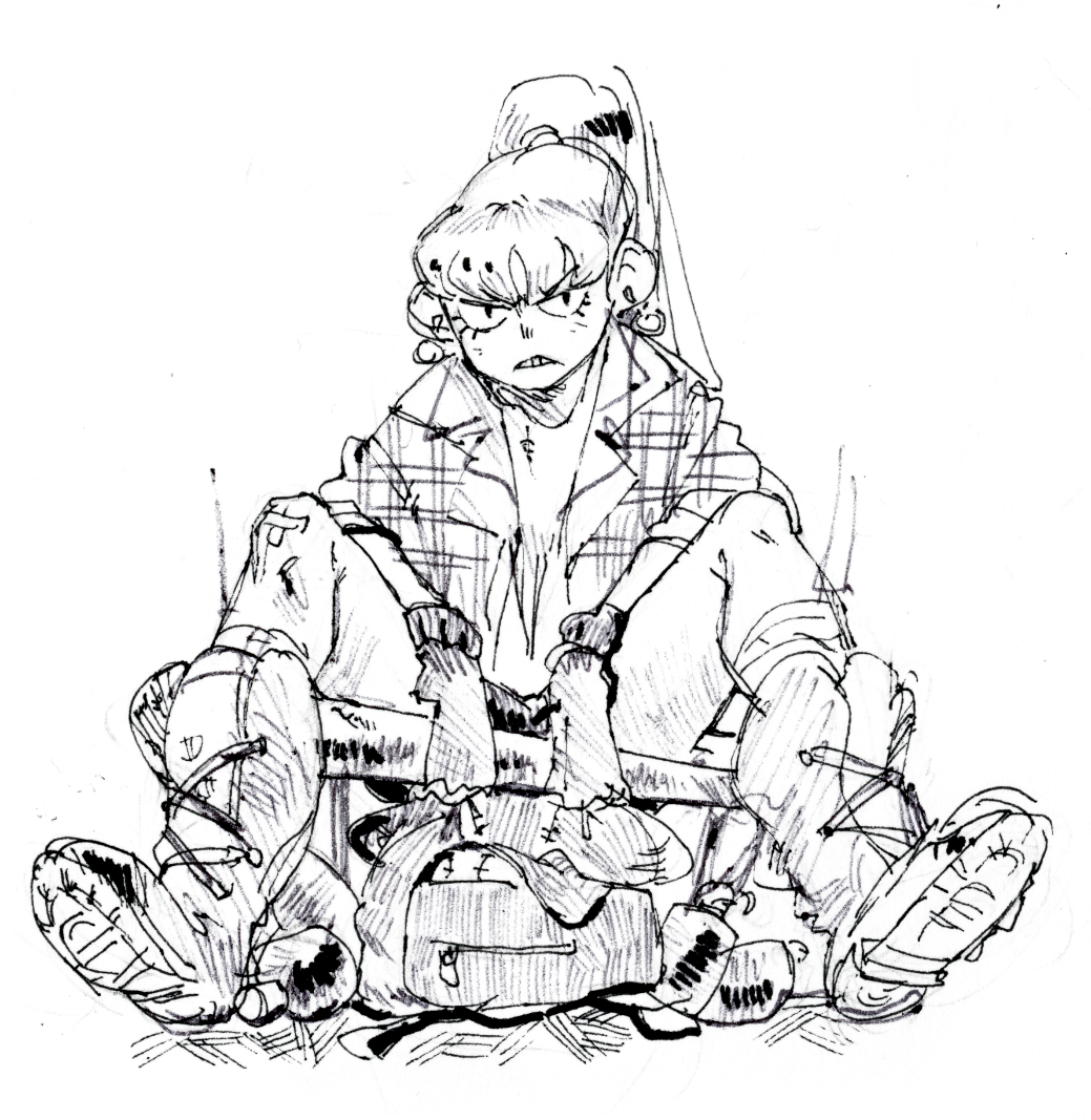 a black and white sketch of a young woman wearing a jacket and pants, sitting with her legs crossed. she has a ponytail and is wearing boots on her feet. the woman looks angry and her eyebrows are furrowed.