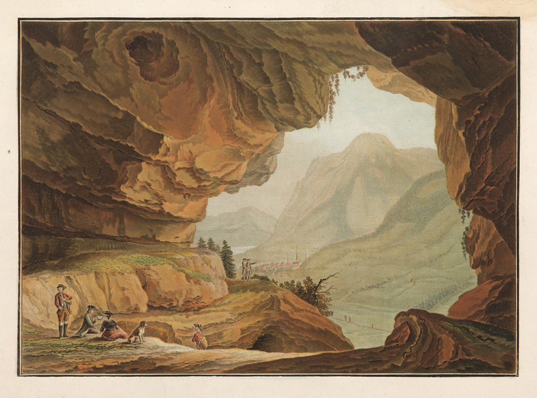 a painting depicting a landscape scene viewed from within a cave. on the left side of the cave entrance, a group of figures are seated or standing, accompanied by dogs. the cave walls are rocky and layered, with colors ranging from brown to tan. through the cave entrance, a valley unfolds with mountains in the background under an overcast sky. in the distance, a small town or village is visible, surrounded by trees and vegetation. a rocky ledge lines the foreground below the cave entrance.