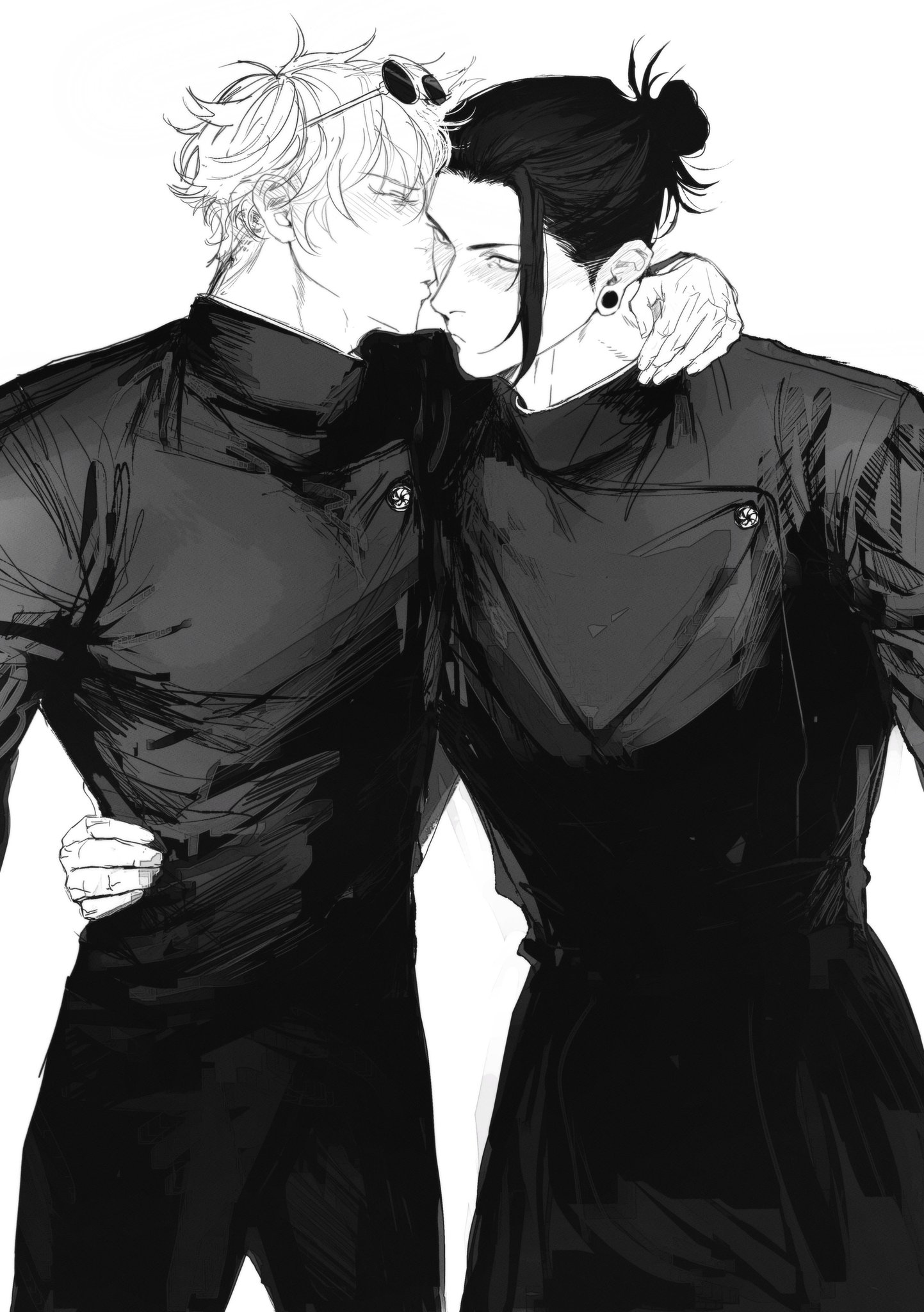 a black and white drawing of two men in manga style. the man on the left is wearing a black jacket, while the man on the right is wearing a black coat. they are both looking at each other, with the man on the right leaning in to kiss the man on the left. the image is a depiction of love and romance, with the two men appearing to be in a relationship.