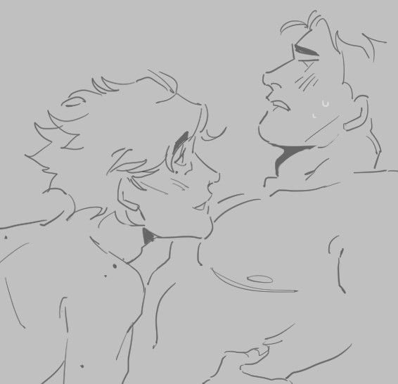 this is a line drawing of two men. the one on the left is happy, and the one on the right is sad. the one on the left has his arms around the one on the right, and they are looking at each other. the sketch suggests a couple showing love and affection.