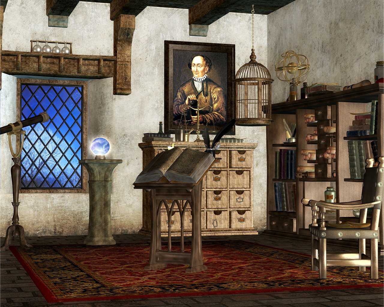 an antique room is depicted, furnished with a variety of old objects. a painting hangs on the wall above a set of drawers, while a bookshelf filled with books and shelves displays various bottles and jars. a telescope stands near a window, next to a column with an orb on top. a table with a book and quill sits on a carpet in the center of the room, and a birdcage hangs from the ceiling. an ornate chair rests on the right.