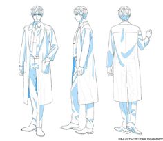 three view sketch of a male character wearing a long lab coat over a suit. he has short hair and is posed in a confident stance. this appears to be a character design or concept art for anime or manga.