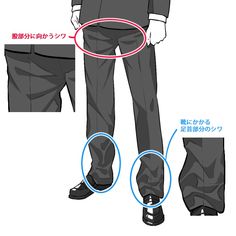 a black and white drawing of a man wearing dress pants, part of a tutorial on how to draw wrinkles and folds in fabric.