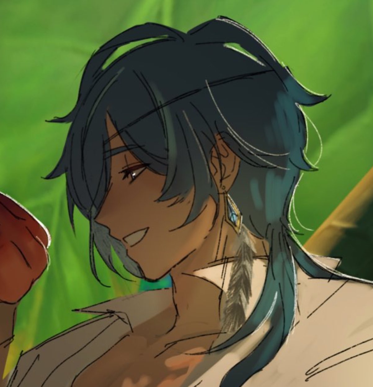 this is a warmtoned, softly lit, closeup sketch of a male anime character with dark teal hair and brown skin. he is facing left, has a feather earring, and is smiling slightly. the background is green and yellow, suggesting nature. the style and details indicate this is fanart, likely of xiao from genshin impact.