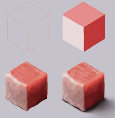 the image displays a composition with three cubes, two are rendered as meat with a realistic texture and the third is an outline cube with grey shading.  the image is well lit and appears to be 3d rendered.