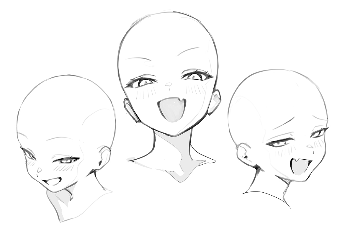 the image shows a sketch of three different animestyle female heads. all three have a bald head with eyes, ears, nose, and neck. each has a different facial expression, and the images are arranged next to each other in the image.