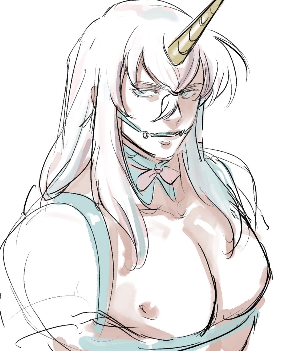 the image is a digital sketch or drawing in an anime/manga style. it depicts an androgynous character with long, flowing white hair and a single, light gold unicorn horn.  the character's expression is serious or perhaps slightly annoyed. they are wearing a pale blue garment resembling a dress or apron, with a small pastel pink bow at the neck. a light blue/white muzzle is visible on the character's face. the style is loose and suggestive rather than highly detailed, with visible brushstrokes and areas where the drawing is less defined. the character appears to have a relatively muscular build, juxtaposing the typically delicate features of anime styles, and their chest is somewhat prominently featured.  the overall aesthetic is somewhat playful, yet slightly unsettling due to the muzzle.
