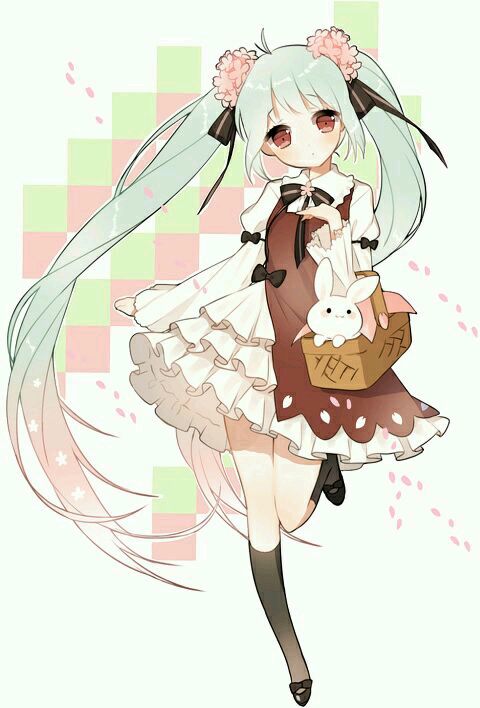 this is a digital illustration of a cute anime girl with long green hair in pigtails, a white dress with a brown skirt and a pink bow, holding a basket with a white bunny inside. the girl is smiling happily with pink flowers on her head and her hair trailing behind her. she is standing on a pink and green checkerboard pattern background. the background is filled with cherry blossoms petals, and the image has a spring vibe.