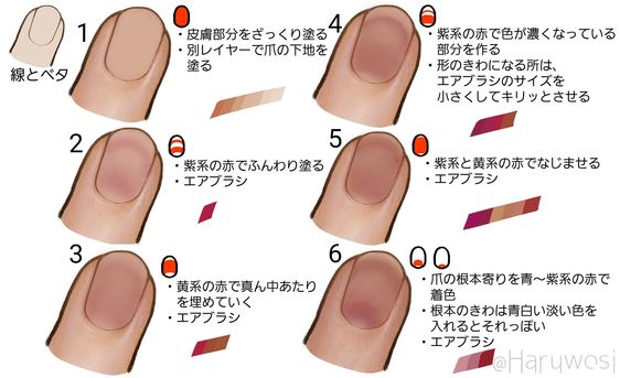 the image is a stepbystep guide for coloring fingernails in a digital art style, likely for character design or illustration. it features six different stages of the process, from outlining to final shading. each stage is labeled numerically and accompanied by japanese text instructions, detailing the colors and techniques to use. the focus is on achieving a realistic, slightly translucent nail effect with subtle color variations and highlights.