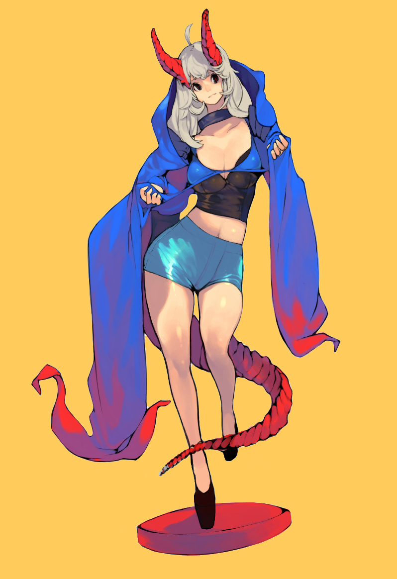 a female demon with white hair, red horns, and a long red tail stands on a circular platform against a yellow background. she wears a revealing outfit consisting of a black crop top, blue shorts, and black heels. a flowing blue cape with red accents drapes around her, and she holds it open with both hands, emphasizing her figure.