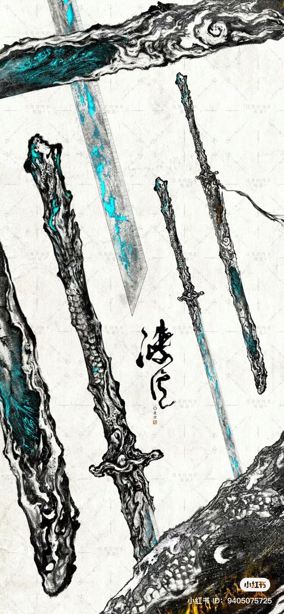 the image showcases three ornate swords with intricate designs, rendered in a style evocative of chinese fantasy art. two of the blades exhibit a striking teal hue, while the third features a more traditional metallic appearance. the swords are set against a minimalist backdrop of textured white, further emphasizing their intricate details and ethereal quality.