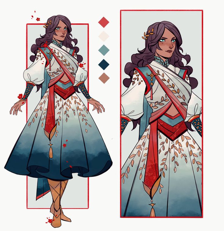 the image is a digital illustration of a woman in a fantasy setting. the woman is depicted in a fulllength portrait, and she is wearing a long, flowing dress that is primarily blue, white, and red. the dress features gold embellishments, and the woman has long, dark brown hair. the woman is set against a background that suggests a fantasy setting. there are flowers and leaves in the background, and the woman is adorned with a flower in her hair. the woman has a serious expression on her face, and she appears to be in a position of power. this image suggests that the woman is a character in a fantasy story. she has a mysterious and intriguing aura about her, and the rich details of her outfit suggest that she is a person of importance.