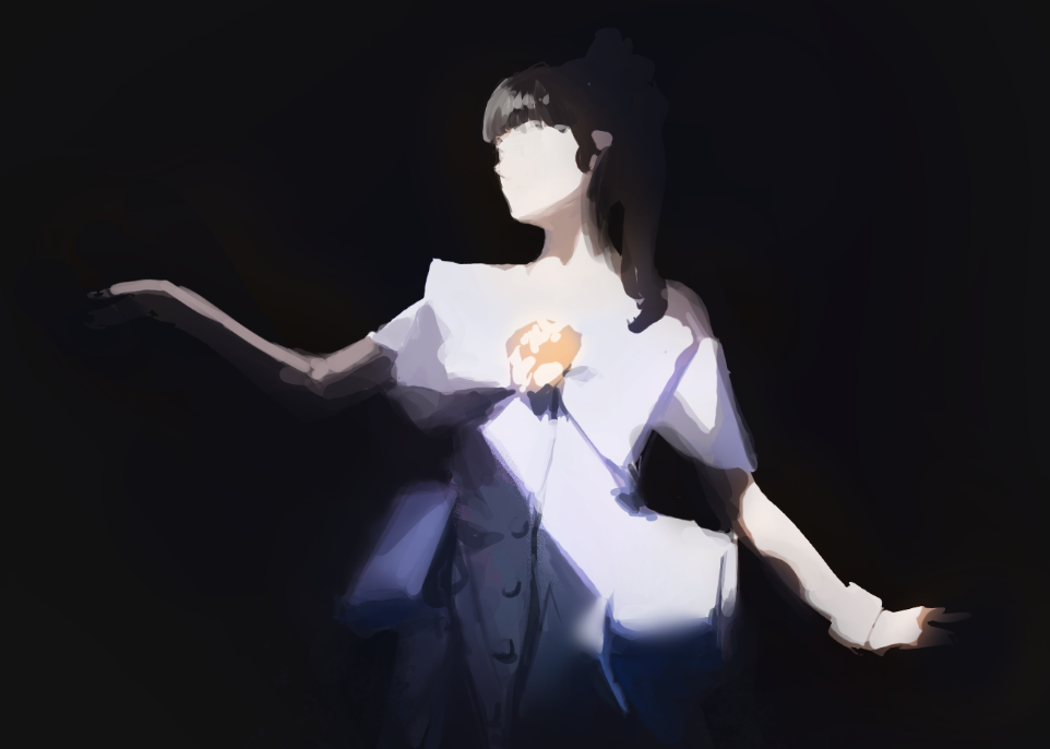 a female performer in an elegant white dress with a glowing center stands gracefully on a dark stage illuminated by a spotlight. she extends her arms gracefully to the sides in a dance pose, suggesting movement and artistic expression.