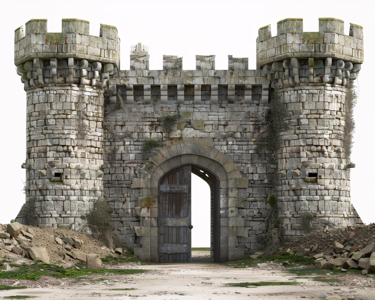 the image shows a weathered stone castle gatehouse with two flanking towers. the entrance features a large arched doorway with wooden doors that are slightly ajar. the stonework of the towers and gatehouse is aged and textured, with some plant growth clinging to the walls. the surrounding ground is covered in rubble and debris, suggesting a state of disrepair and decay. the overall scene evokes a sense of history and antiquity.