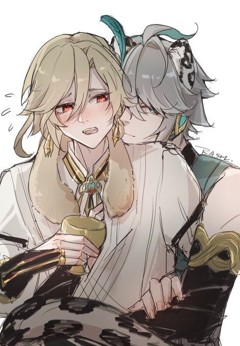 a digital drawing depicting a yaoi pairing of albedo (genshin impact) and xiao (genshin impact). albedo is on the foreground, slightly blushing, holding a golden goblet. xiao is behind him, his arm around albedo's waist and shoulder.  the art style is soft and slightly sketchy, using muted colors and focusing on the closeness and intimacy of the characters. the background is plain white, highlighting the characters and their interaction.