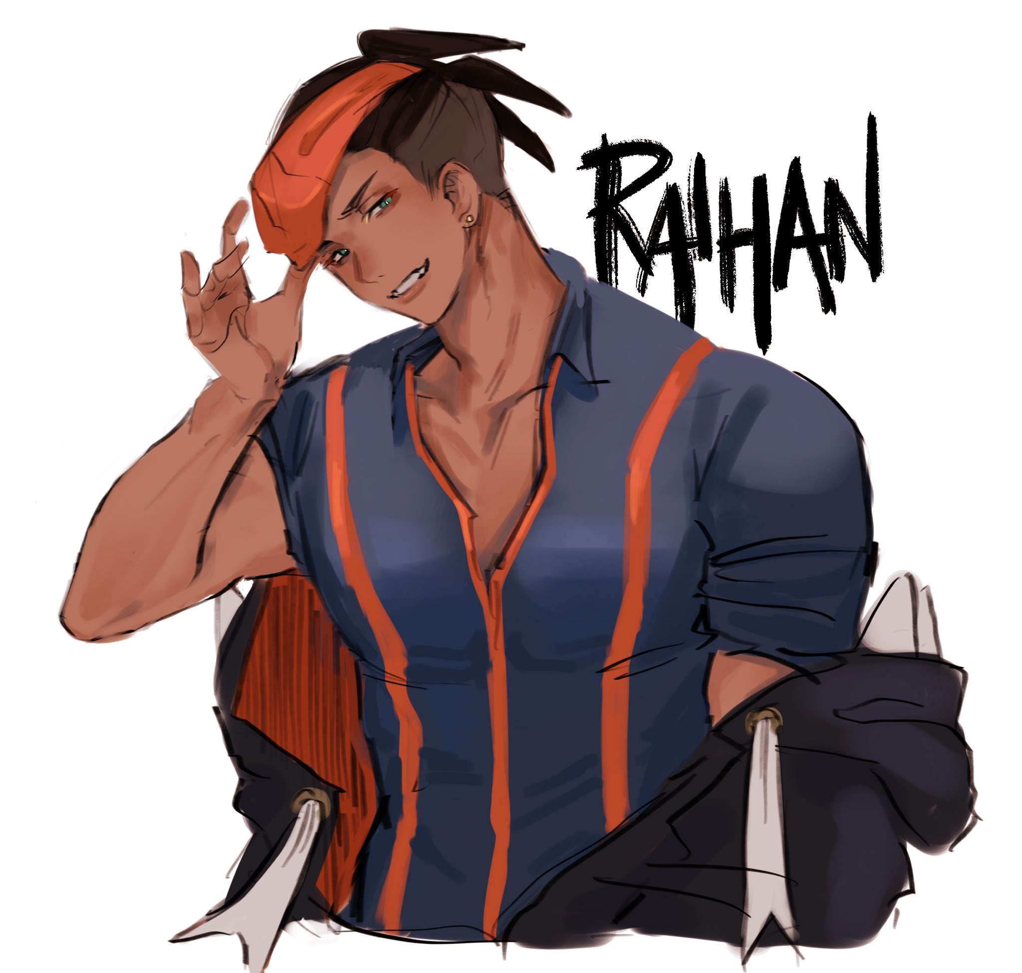 this is a digital illustration of a male anime character. he has orange and red dreadlocks and is wearing a blue jacket with orange stripes and an orange headband. he is smirking and looking confidently off to the side. he is drawn in a dynamic pose, with his left hand raised to his head and his right hand tucked into his jacket.
