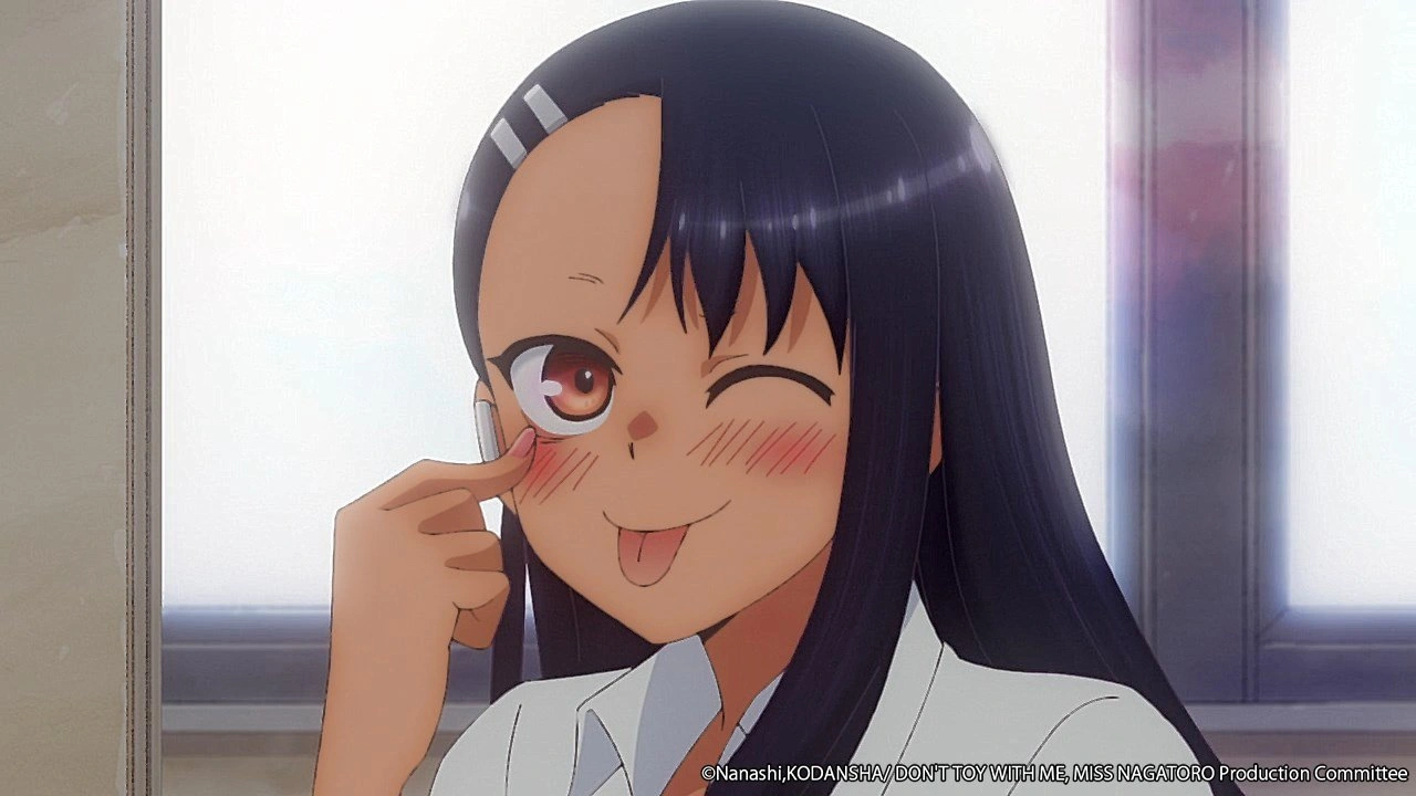 a cheerful anime girl with dark hair and brown eyes is depicted in a closeup shot. she wears a white school uniform and has a playful expression on her face, characterized by a wide smirk, a wink with her left eye, and her tongue sticking out slightly. her right index finger rests beneath her eye, accentuating the playful and teasing nature of the image. the soft lighting and eyelevel perspective enhance the intimacy and lightheartedness of the scene, hinting at a flirtatious or mischievous personality.