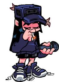 the image shows a cartoon character from the game friday night funkin'. the character is a girl with black hair, wearing a dark blue hat and hoodie. she has her eyes closed and appears tired. she is smoking a cigarette and holding a microphone. she is wearing dark blue sneakers with untied laces.