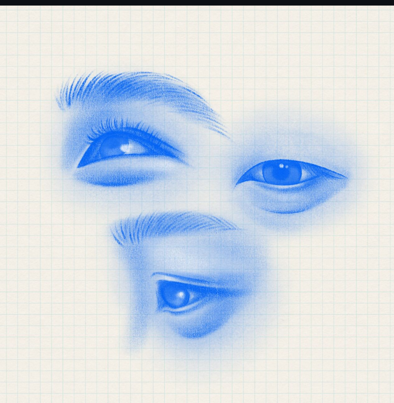 the image is a bluetoned sketch of three eyes from different angles, drawn on graph paper. each eye features meticulously drawn eyelashes and subtle shading around the eyelids and tear ducts, adding depth to the drawing. the use of blue pigment instead of traditional black or grey gives the artwork a unique and softer aesthetic.
