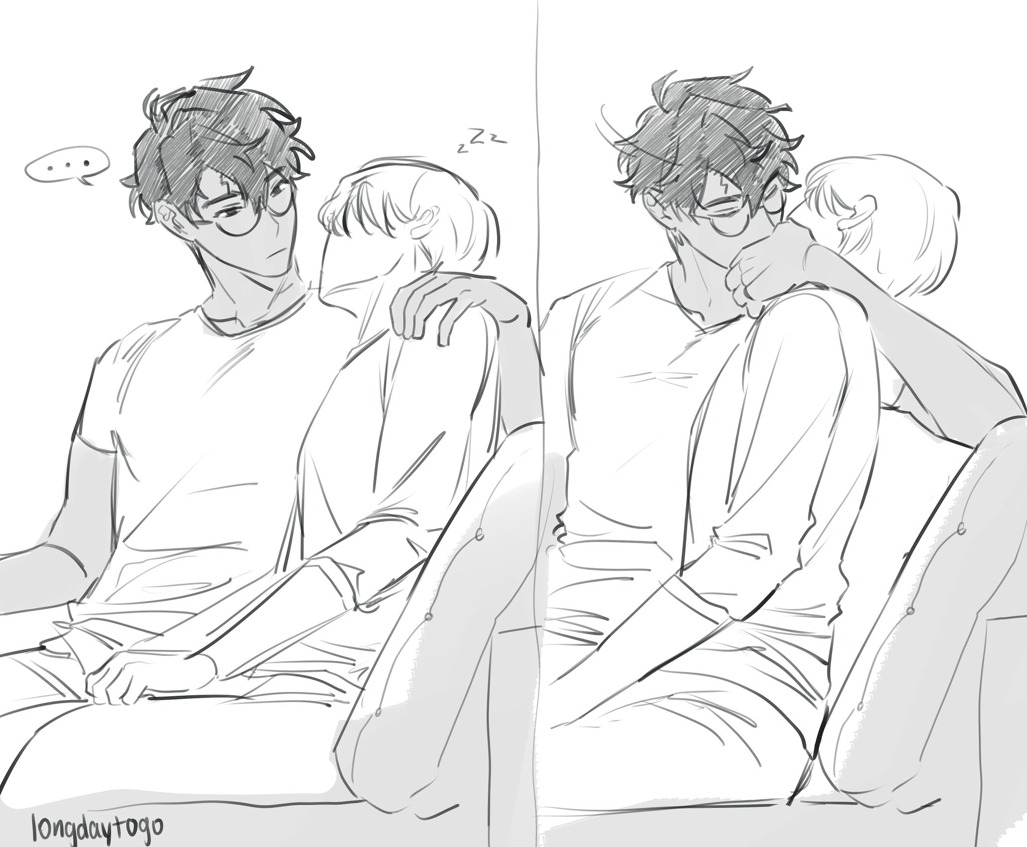the image is a monochrome sketch or drawing, possibly fanart, depicting two young men in a close and affectionate pose.  they appear to be a couple, sitting comfortably together on a couch or sofa. one man has his arm around the other, who seems to be dozing off.  both men wear casual clothing and glasses. the style is reminiscent of anime or manga, with a soft, expressive line style and light shading. the overall mood is intimate and peaceful. the drawing is divided into two nearly identical panels, slightly differing in the pose of the couple.