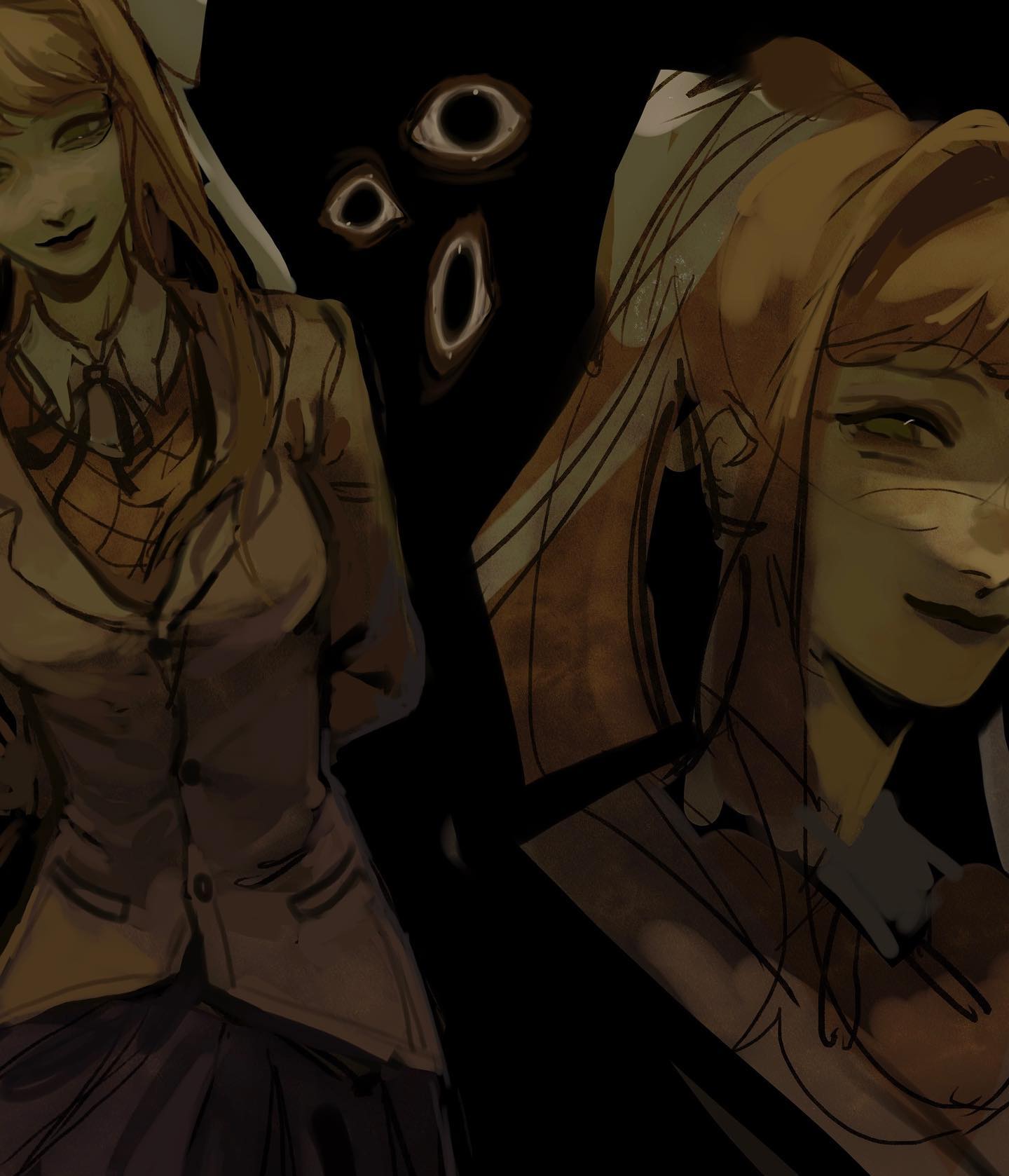he image is a piece of fanart depicting monika from the visual novel doki doki literature club!  it's styled in a dark, almost horroresque manner. the color palette is mostly dark browns and beiges, with strong shadows.  monika is shown in two different perspectives; one appears to be a more traditional portrait of her in her school uniform, while the other is a more stylized and fragmented depiction, possibly representing a disturbed or altered state.  several floating eyes are visible in the background, adding to the unsettling and mysterious atmosphere. the overall style is painterly and slightly sketchy, giving a raw, expressive quality to the artwork.