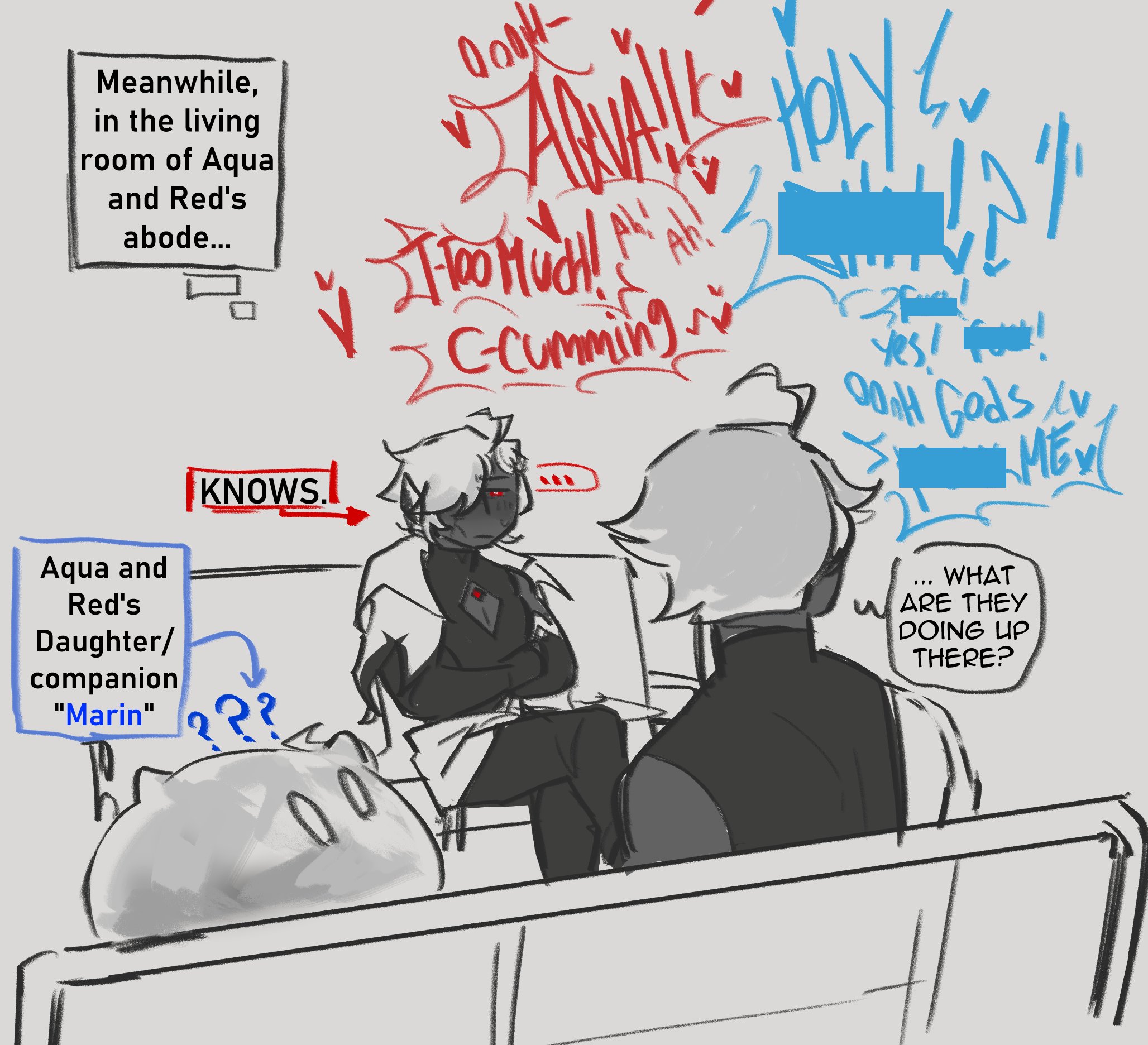 this is a manga style comic panel that shows two characters in a living room. the characters are aqua and marin, who are red's daughter and companion. the dialogue reveals that aqua and marin are in the living room and that red and his daughter are up to something.