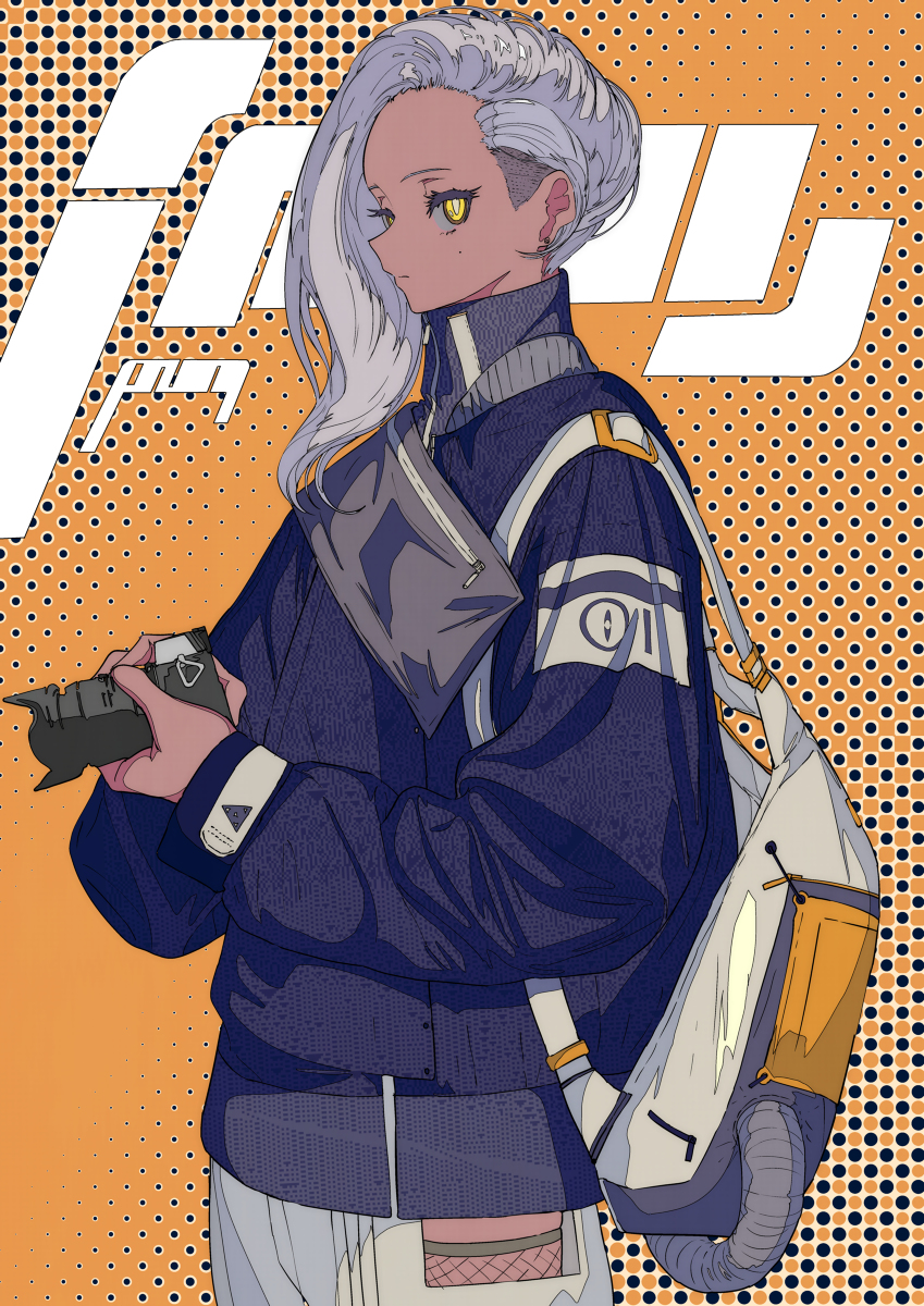 he image is a digital illustration of an animestyle girl. she has long, grey hair styled in a unique way and striking yellow eyes.  she's dressed in a stylish dark purple jacket with white accents, a large backpack, and is holding a camera.  the background is a vibrant orange with a repeating dot pattern, giving the artwork a popart feel. the overall style is modern and trendy, leaning toward streetwear fashion aesthetics.  the image has a strong graphic design quality and is wellexecuted in its digital art style.  the character has a cool and somewhat aloof demeanor.