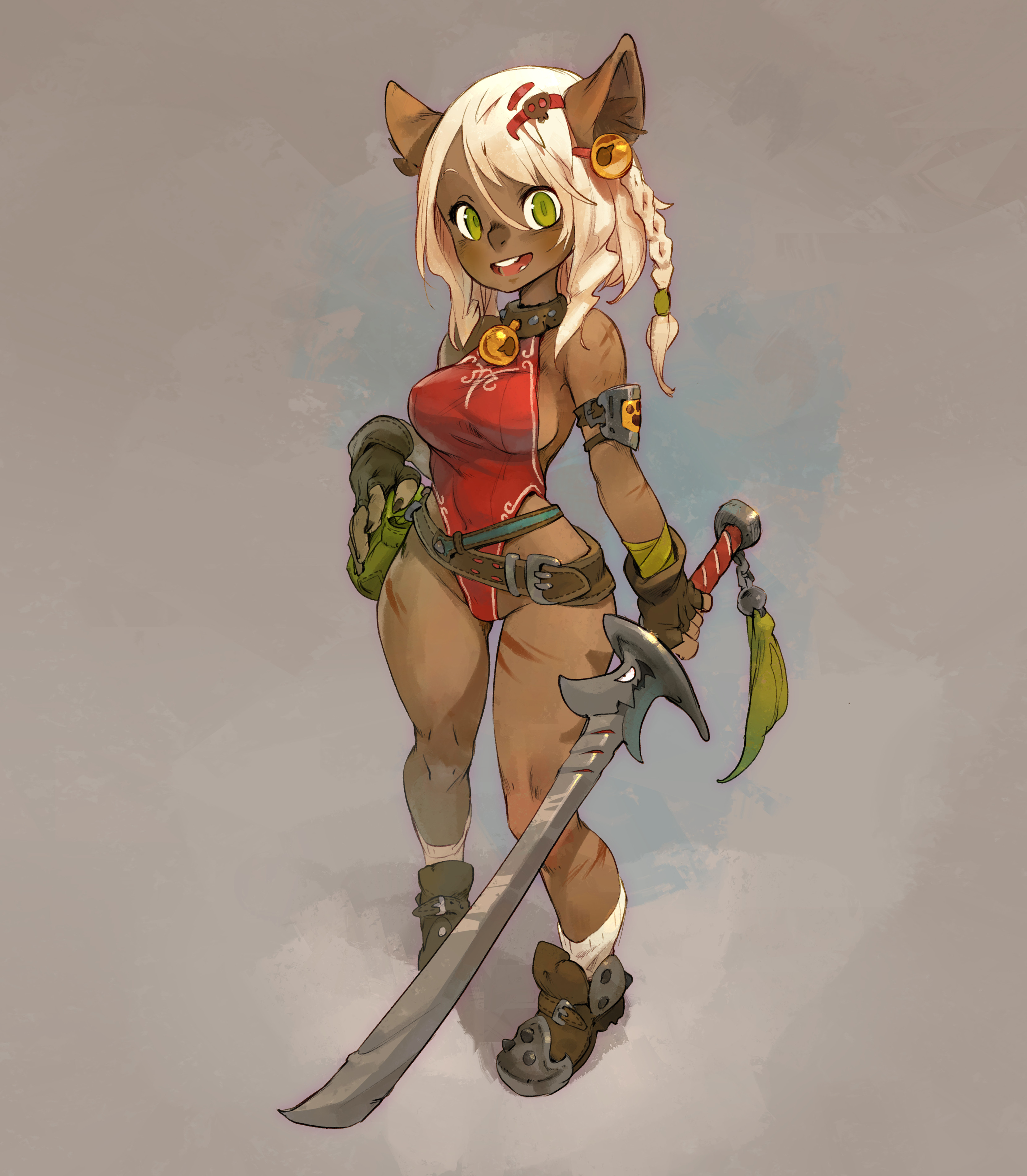 a cartoonish illustration of a cute female catlike warrior with a big sword. she is wearing a red swimsuit with a sword strapped to her hip and holding a second sword in her right hand. she is standing and looking to the side, her blonde hair is tied in a braid on the right side and a hairband with a little red cherry on it on the other side. she is very muscular with brown skin and green eyes, she is looking fierce and confident. the illustration is done in a digital style with a cartoonish and cute aesthetic.