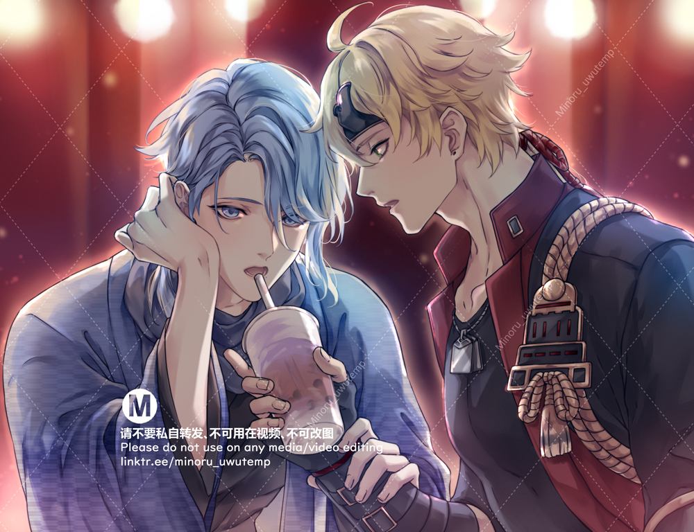 this digital illustration features two handsome anime boys, one with blue hair and the other with blond hair, enjoying a drink together in a darkened room with bright stage lights. the one with blue hair leans against the blond haired boy, his arm resting over his shoulder, as the blond haired boy looks lovingly at the other.  the two appear to be sharing a drink and appear to be a couple, or perhaps very close friends.