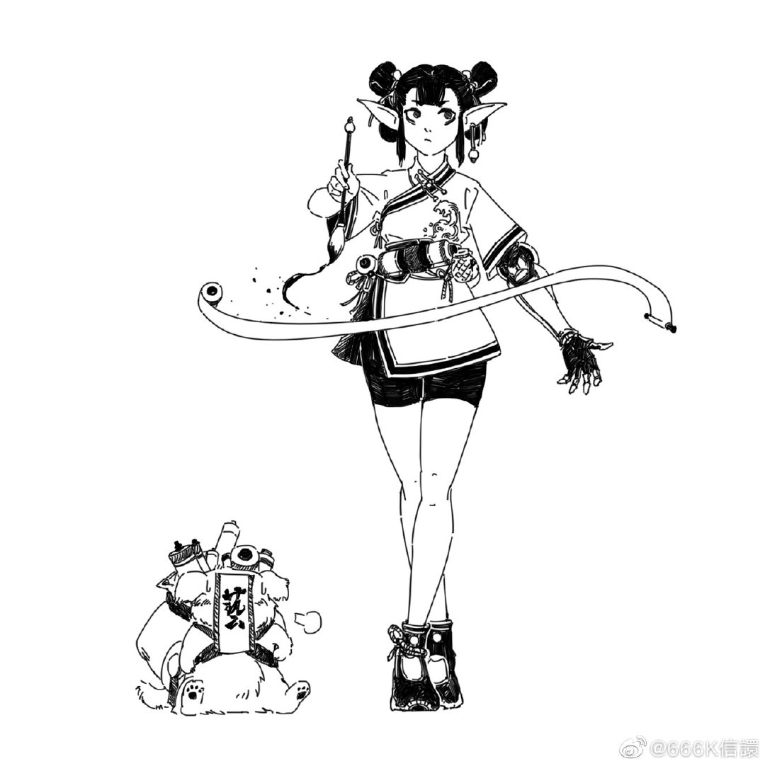 the image is a black and white ink drawing featuring a stylized female elflike character. she is dressed in a short, traditionallooking chineseinspired dress,  and is holding a calligraphy brush and a long flowing ribbon. the character has elflike ears and her hair is pulled up in buns. she is standing with her legs slightly apart.  a small, furry, doglike creature with scrolls on its back is depicted lying down in the lower left corner of the image.  the style is reminiscent of anime and manga, with bold lines and shading. the overall feel is fantastical and graceful.