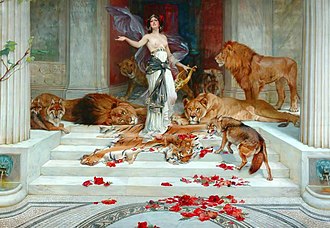 this painting depicts a woman with wings and a lyre, standing on steps surrounded by lions and lionesses. there are tiger skins on the steps, and a wolf standing near the woman. red rose petals are scattered on the steps and on the floor. the scene is indoors, with columns and a fountain in the background.