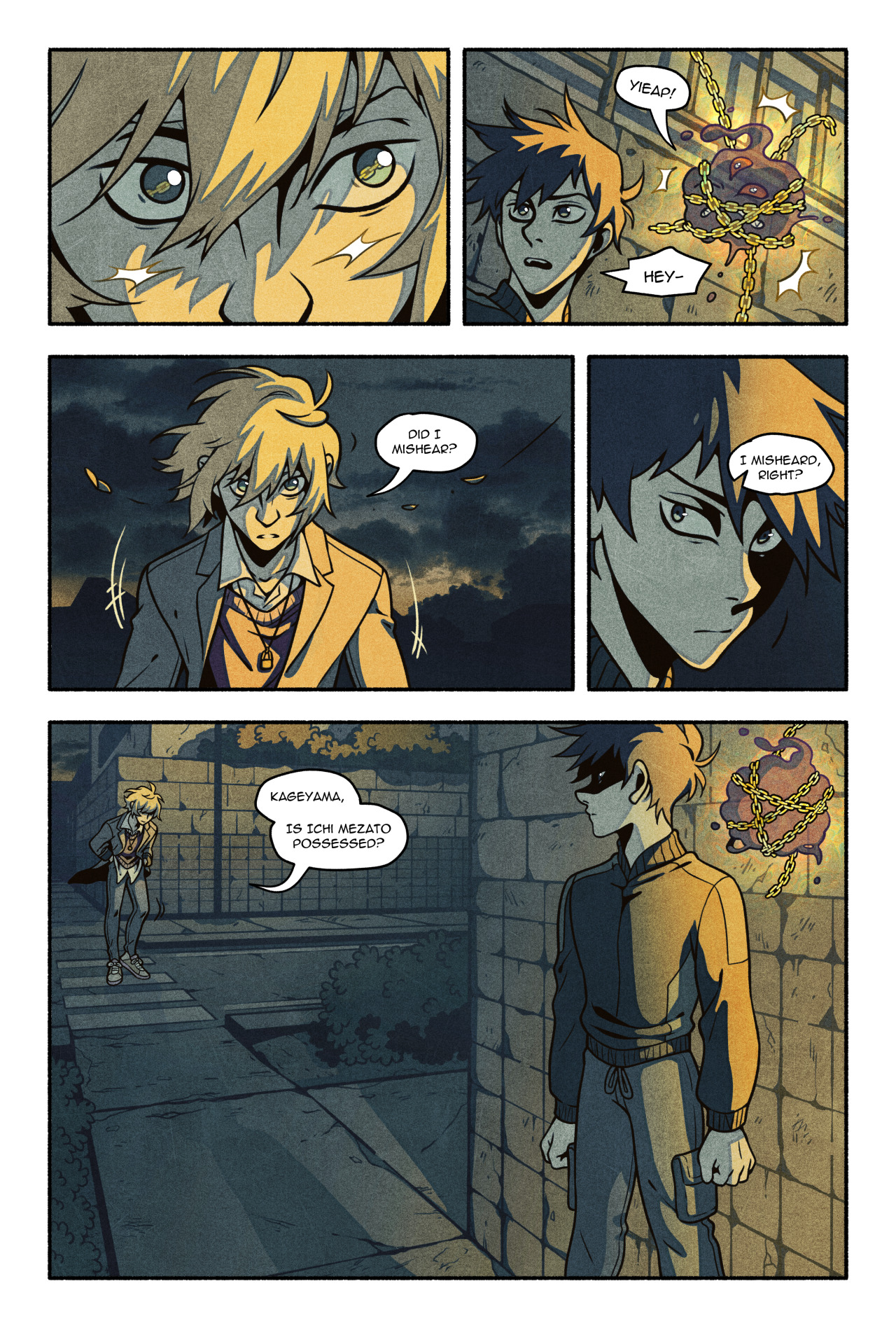 a fourpanel comic strip of men on a street at night, speaking to each other, with one scene in which a man wonders if he misheard the word "wish".