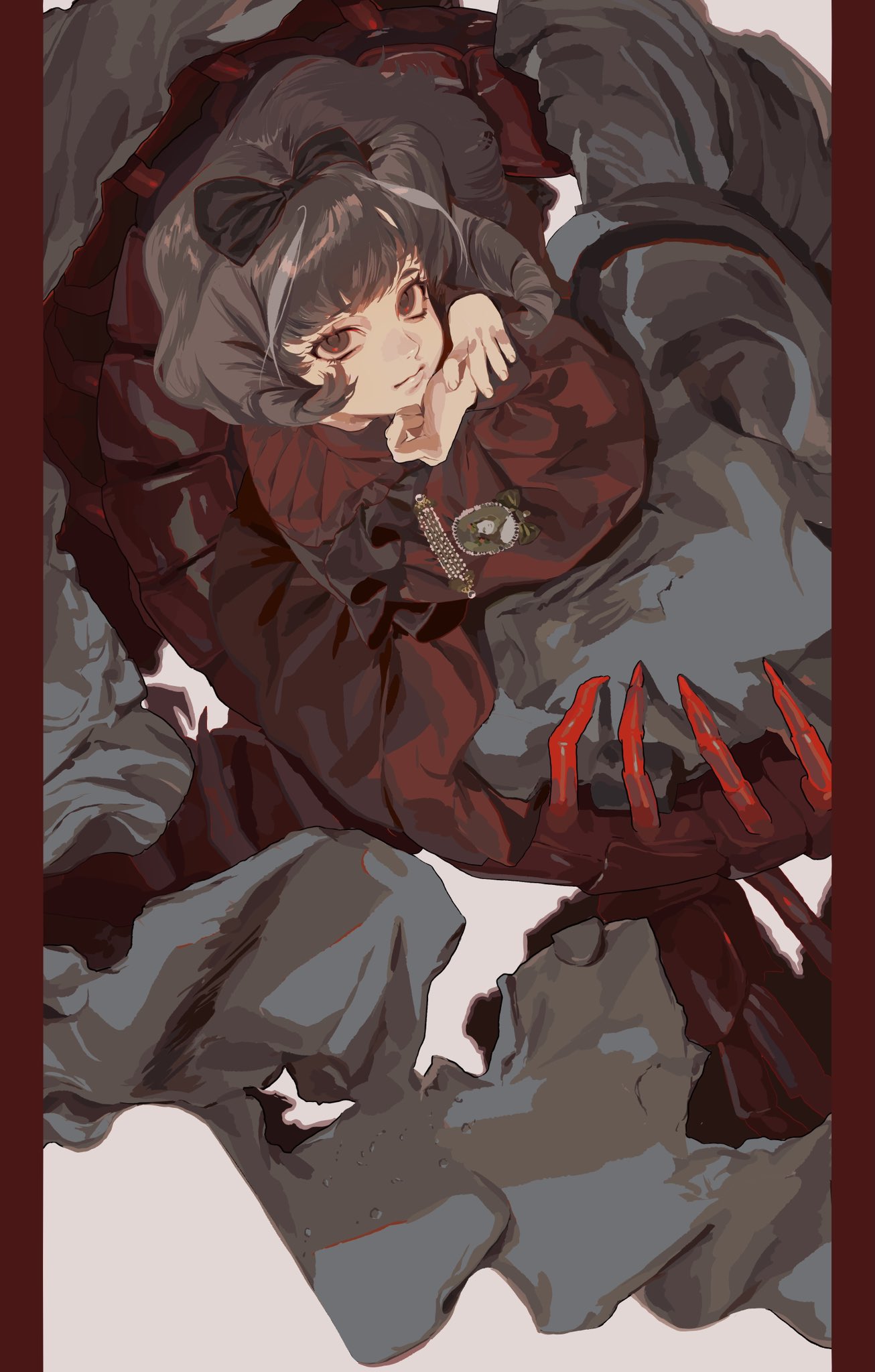 an animestyle girl with a dark bow in her hair, wearing a red dress, rests her chin on her hands. the girl is being embraced by a greyskinned monster with sharp red claws. the background is a very light pink and there's a dark red border.