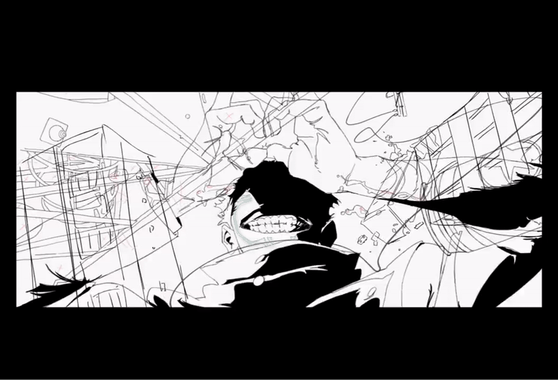 this is a black and white line drawing of an anime character in the middle of a chaotic and energetic scene. the character's face is close to the viewer, their eyes are wide and dark, and their teeth are bared in a predatory grin. the scene around the character is filled with swirling lines and shapes, creating a sense of movement and chaos. the black and white contrast is stark, adding to the drama and intensity of the image. the character's expression is one of power and aggression, suggesting a dangerous and formidable presence. the overall feeling of the drawing is one of action, power, and chaos.